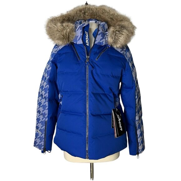 Spyder Womens Falline Down Ski Snowboard Snow Jacket Sz 12 Blue Houndstooth NWT - Picture 1 of 6
